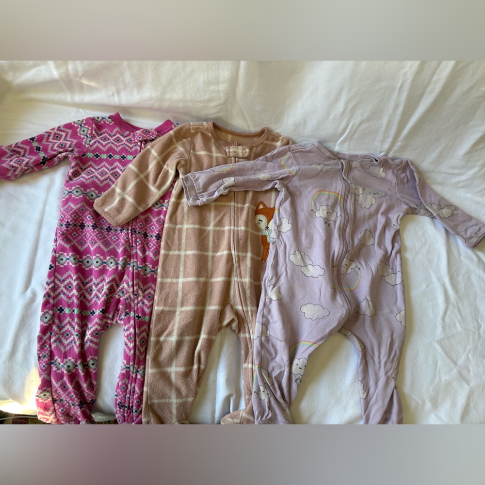 6-9 month Set of Three Baby Onesies in Pink, and Purple